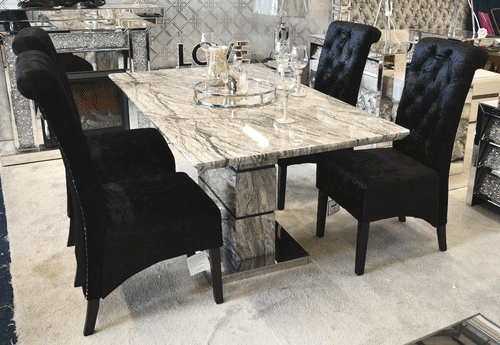 Marble Tesaro Dining Set With Premium Velvet Scroll Back Chairs